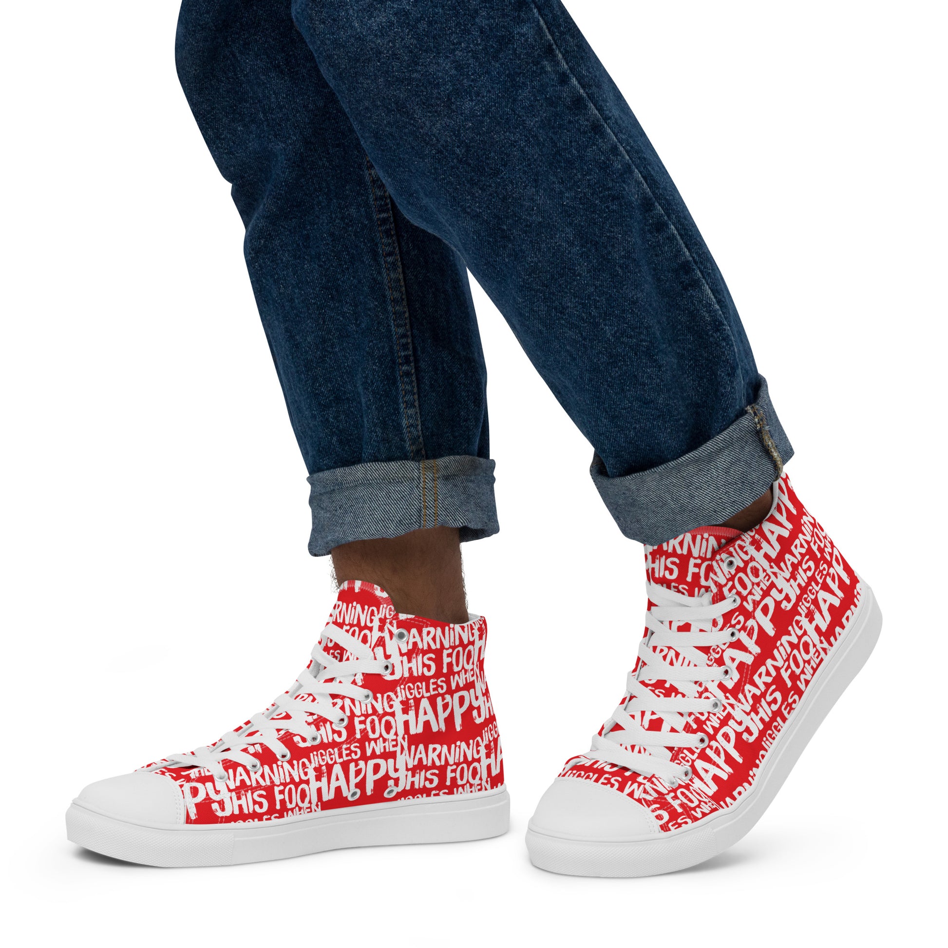 Walking in mens HappyStuff high tops canvas sneakers edgy print red and white shoes Warning This Foot Jiggles When Happy