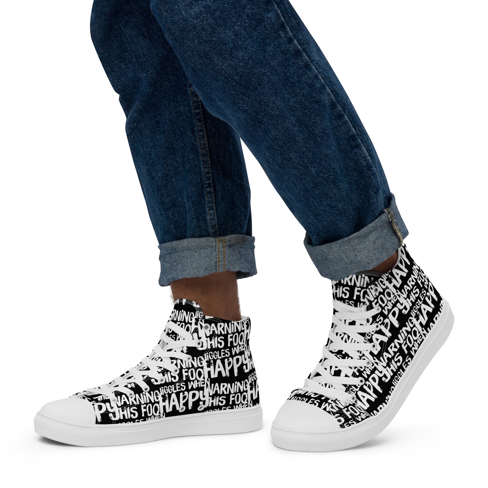 Walking left in mens HappyStuff high tops canvas sneakers edgy print black and white shoes Warning This Foot Jiggles When Happy