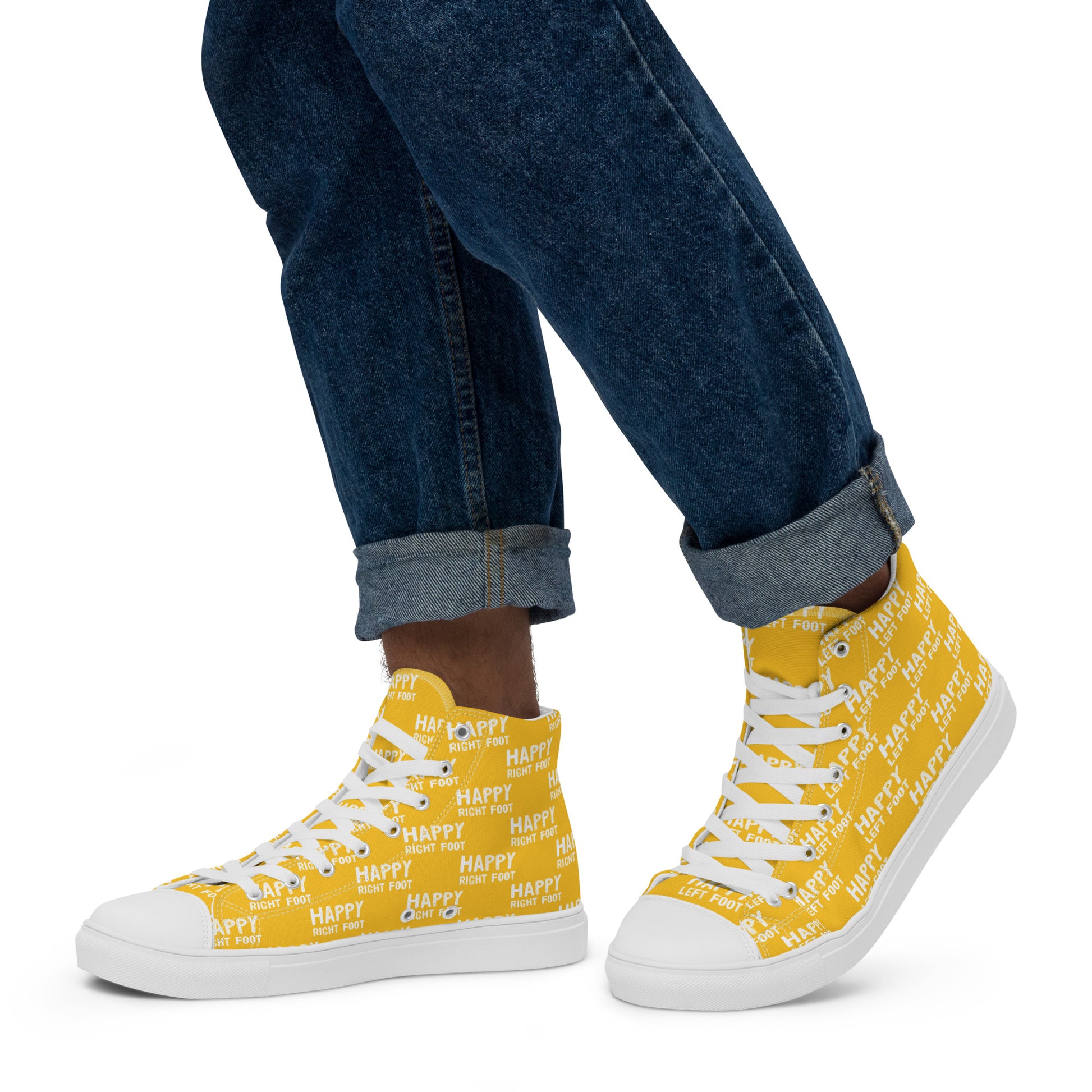 Walking left in mens HappyStuff high tops yellow canvas sneakers Happy Left Foot Happy Right Foot Pattern Print each on relevant shoe