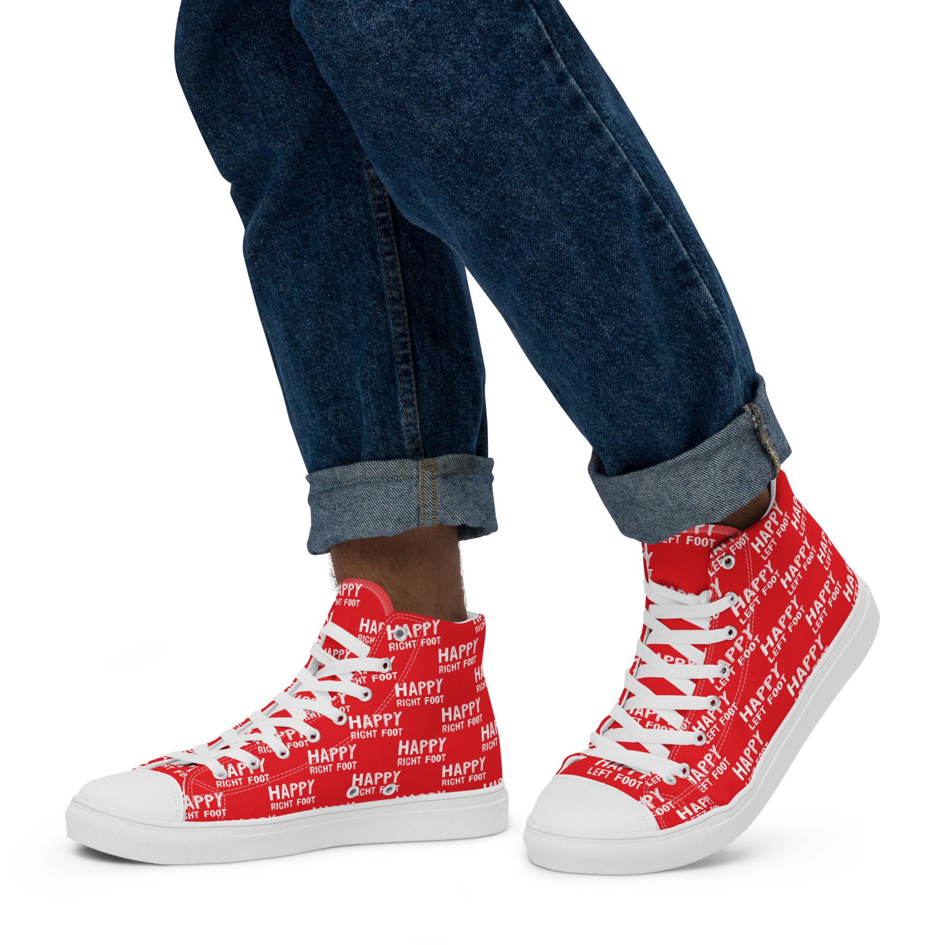 Walking left in mens HappyStuff high tops red canvas sneakers Happy Left Foot Happy Right Foot Pattern Print each on relevant shoe