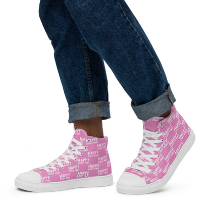 Walking left in mens HappyStuff high tops pink canvas sneakers Happy Left Foot Happy Right Foot Pattern Print each on relevant shoe