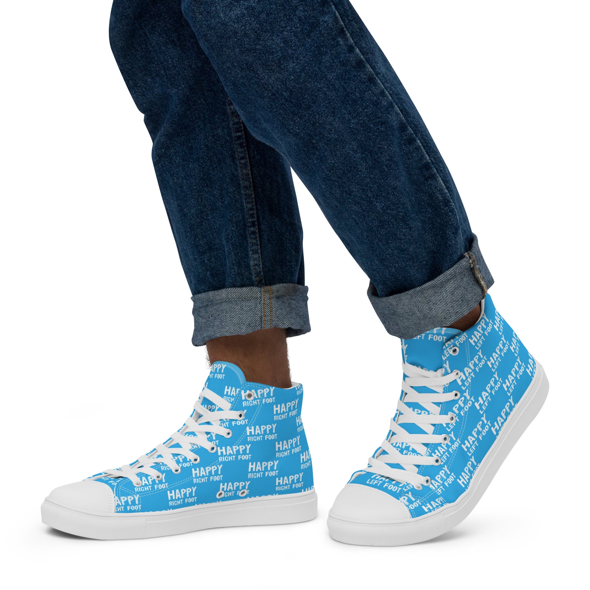 Walking left in mens HappyStuff high tops blue canvas sneakers Happy Left Foot Happy Right Foot Pattern Print each on relevant shoe