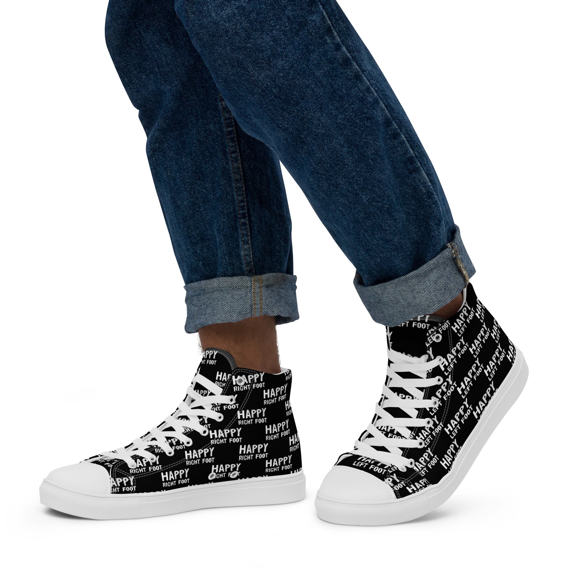 Walking left in mens HappyStuff high tops black canvas sneakers Happy Left Foot Happy Right Foot Pattern Print each on relevant shoe