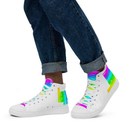 Walking left in mens sneakers HappyStuff rainbow shoes white high tops with Happy Rainbow Painted bright colour spectrum print