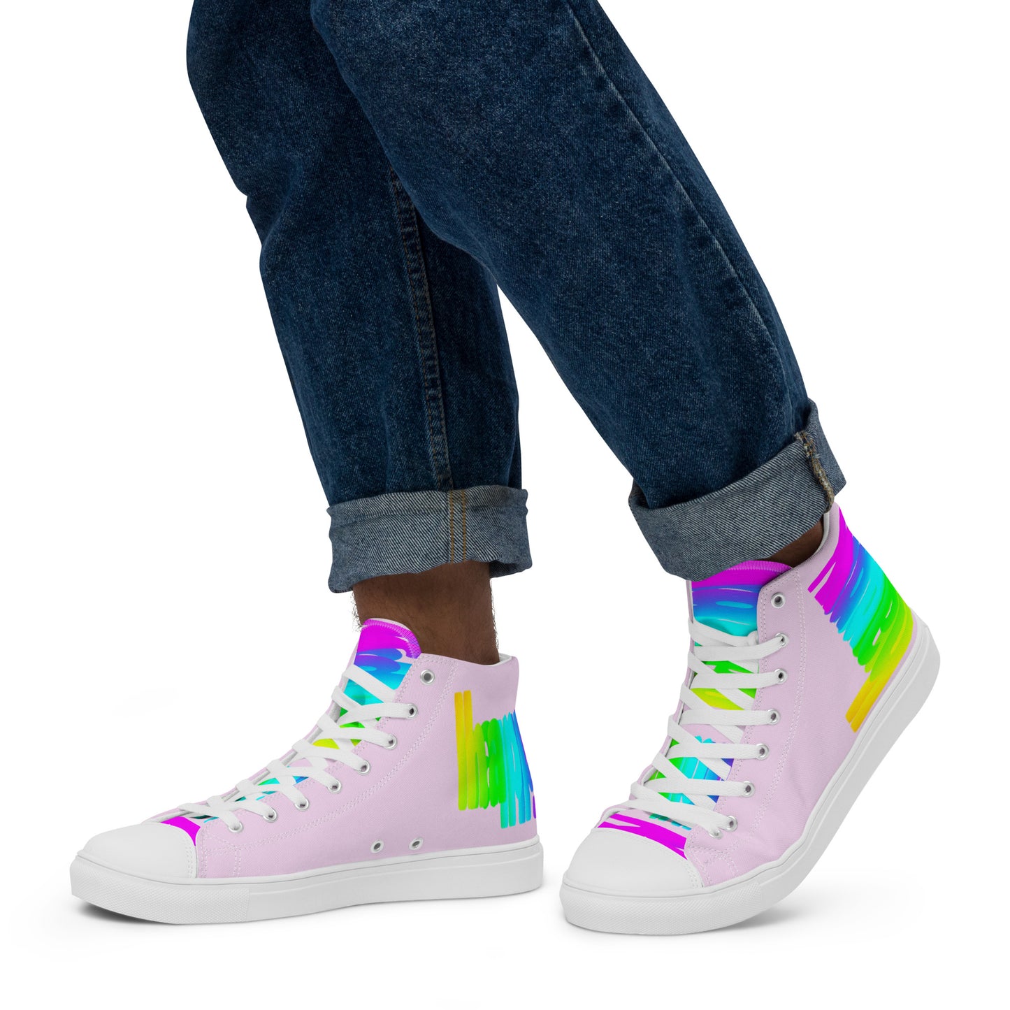 Walking left in mens sneakers HappyStuff rainbow shoes pink high tops with Happy Rainbow Painted bright colour spectrum print