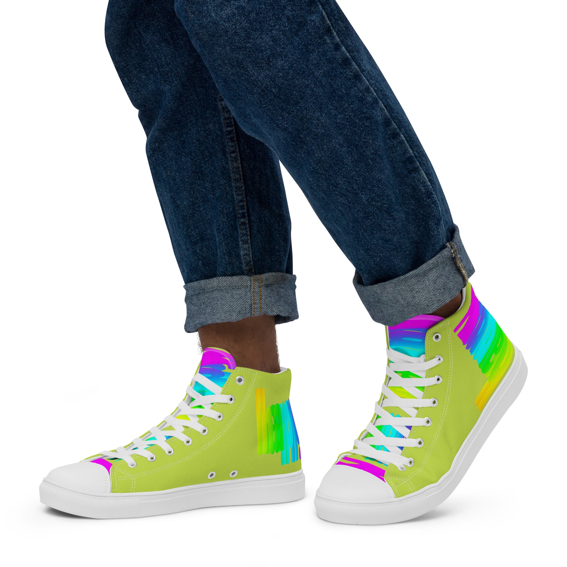 Walking left in mens sneakers HappyStuff rainbow shoes green high tops with Happy Rainbow Painted bright colour spectrum print