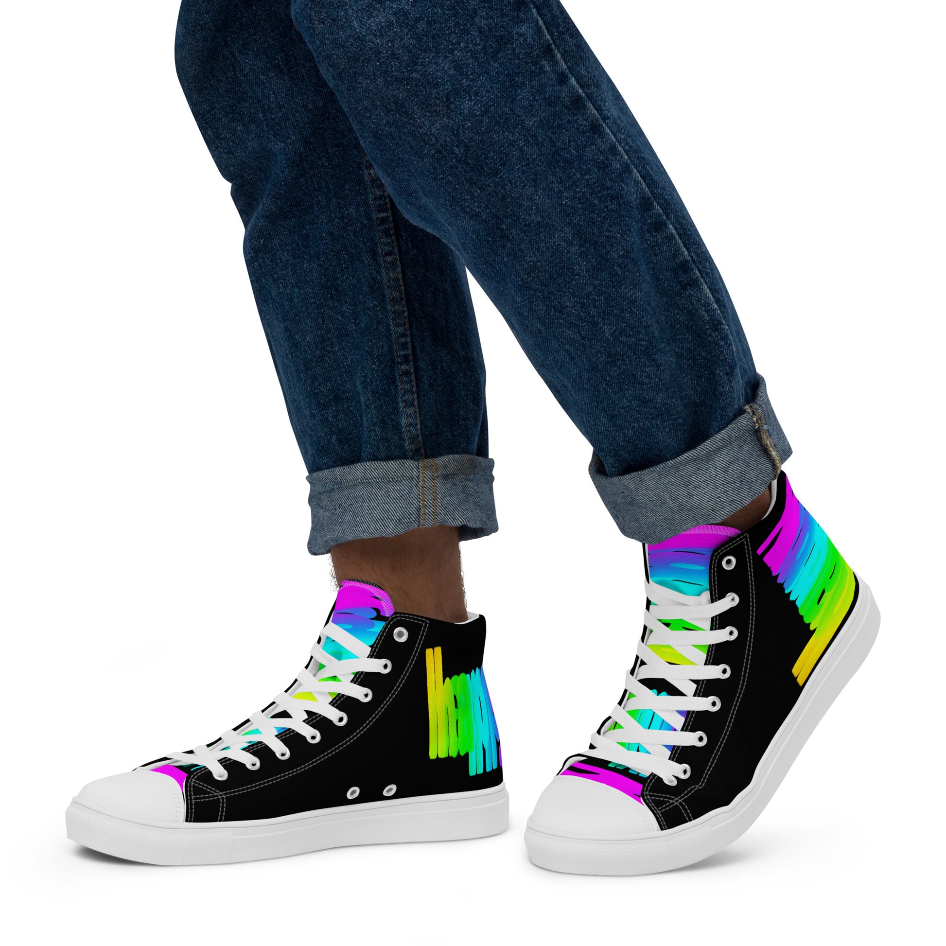 Walking left in mens sneakers HappyStuff rainbow shoes black high tops with Happy Rainbow Painted bright colour spectrum print