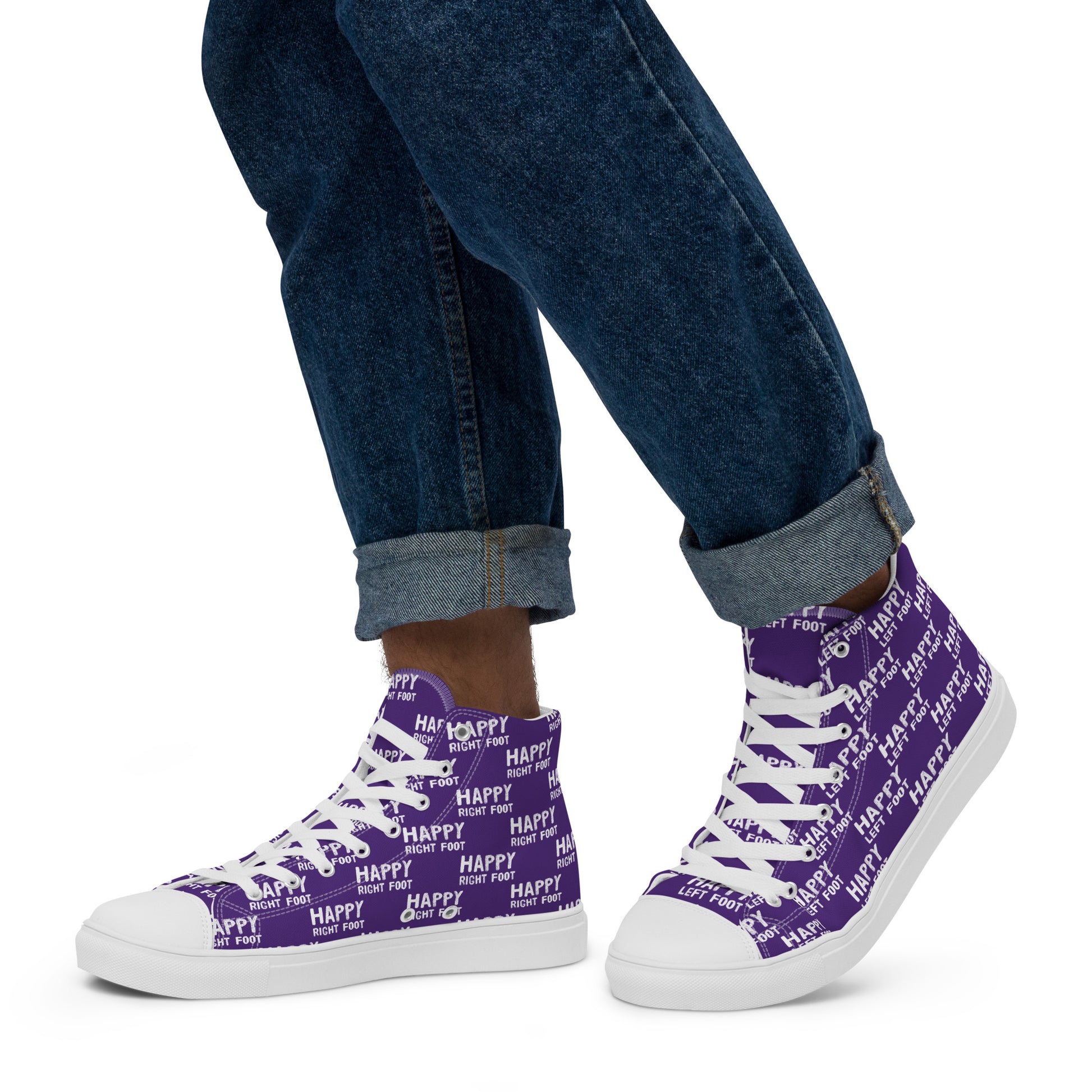 Walking left in mens HappyStuff high tops purple canvas sneakers Happy Left Foot Happy Right Foot Pattern Print each on relevant shoe