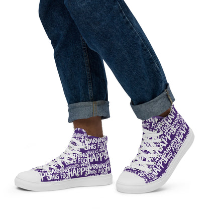 Walking left in mens HappyStuff high tops canvas sneakers edgy print purple and white shoes Warning This Foot Jiggles When Happy