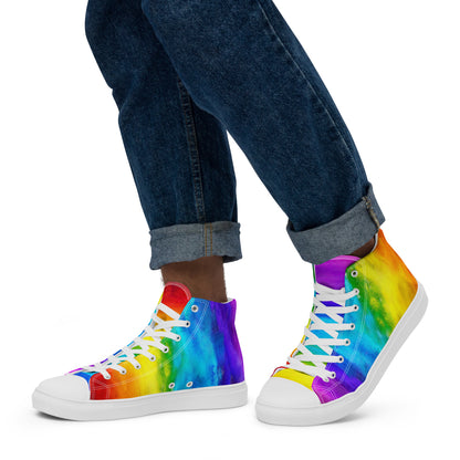 Close up of rainbow shoes on a man walking left holi colours printed on white high top sneakers HappyStuff brand mens sneakers