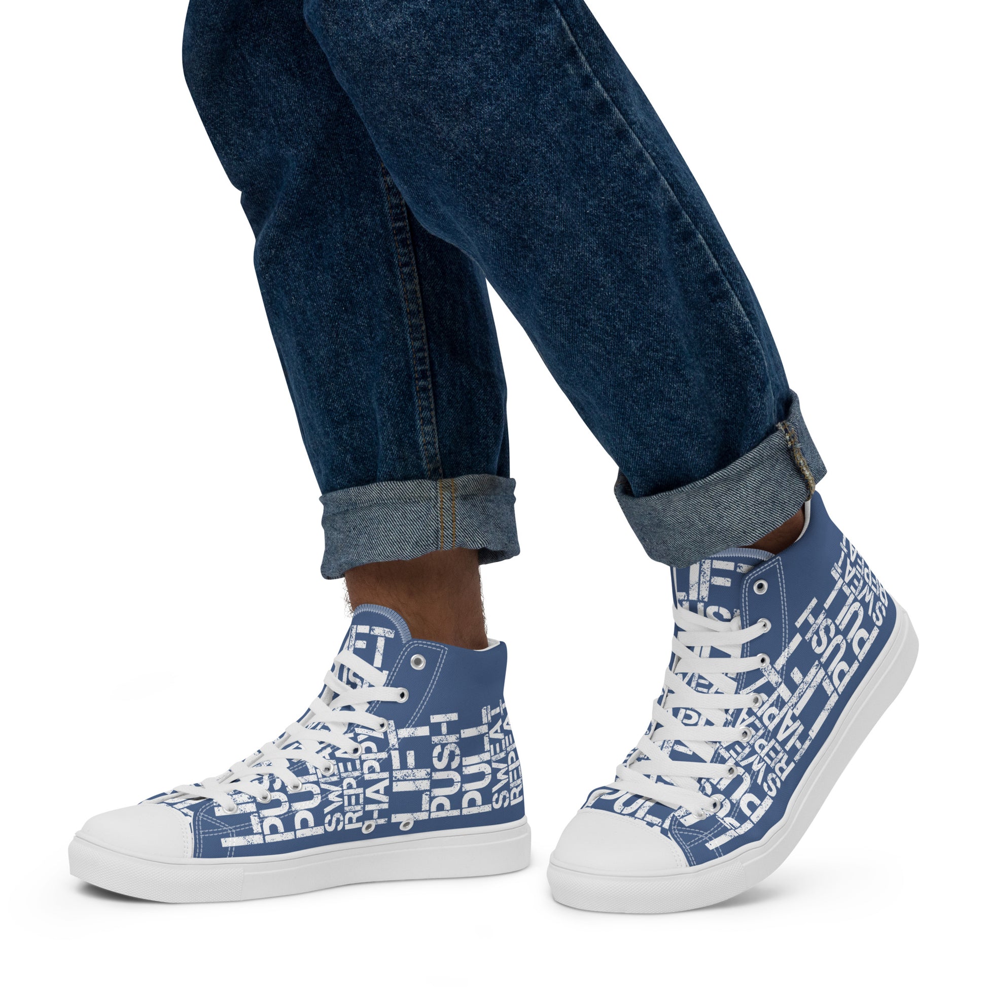 Walking left in mens HappyStuff high tops denim blue canvas sneakers lift push pull sweat repeat happy distress print gym shoe