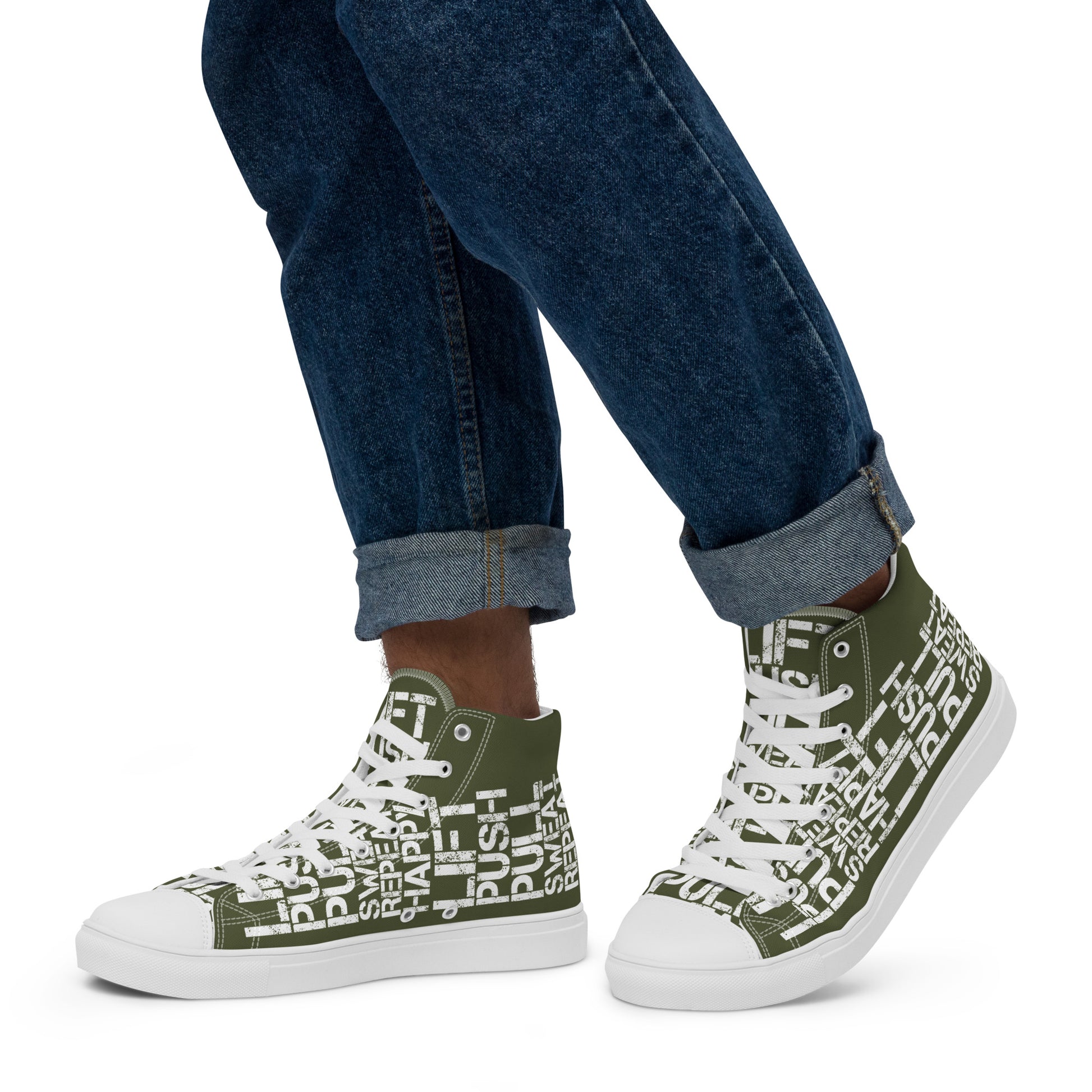 Walking left in mens HappyStuff high tops khaki green canvas sneakers lift push pull sweat repeat happy distress print gym shoe