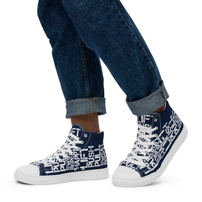 Walking left in mens HappyStuff high tops navy blue canvas sneakers lift push pull sweat repeat happy distress print gym shoe