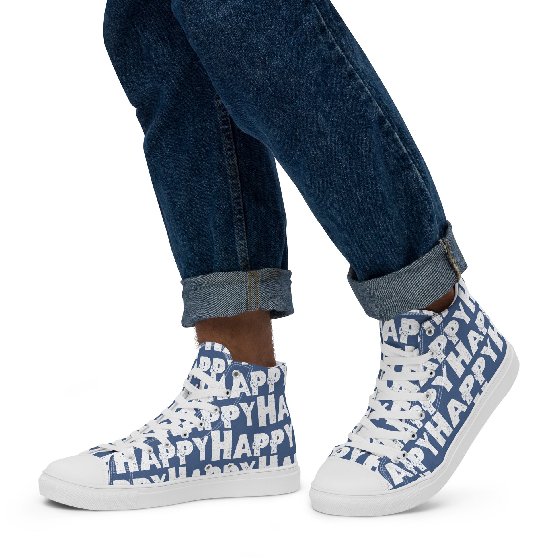 Mans feet wearing quality handmade High Tops left view fun denim blue and white shoes Happy Sponge Printed HappyStuff brand