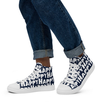 Mans feet wearing quality handmade High Tops left view fun navy blue and white shoes Happy Sponge Printed HappyStuff brand