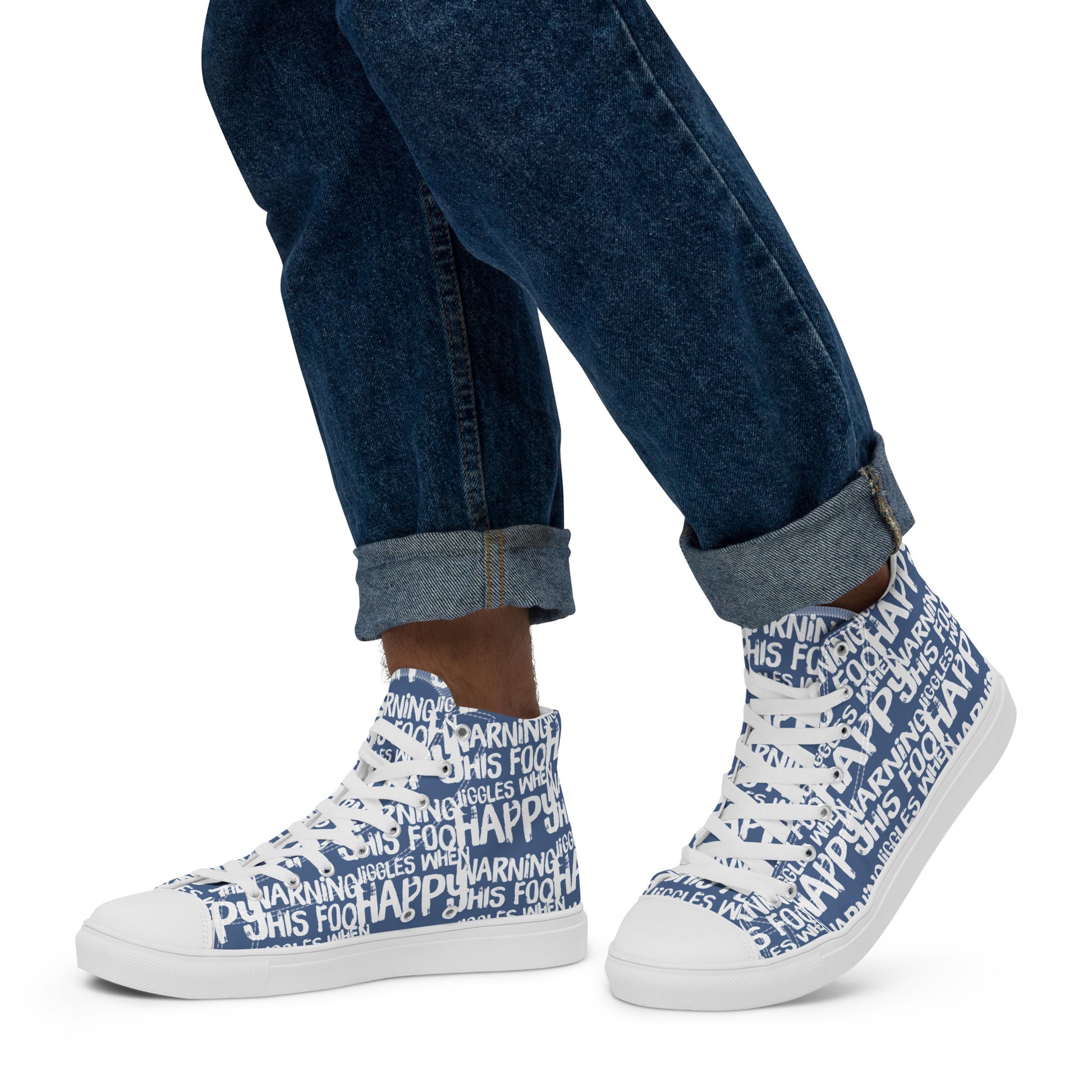 Walking left in mens HappyStuff high tops canvas sneakers edgy print denim blue and white shoes Warning This Foot Jiggles When Happy