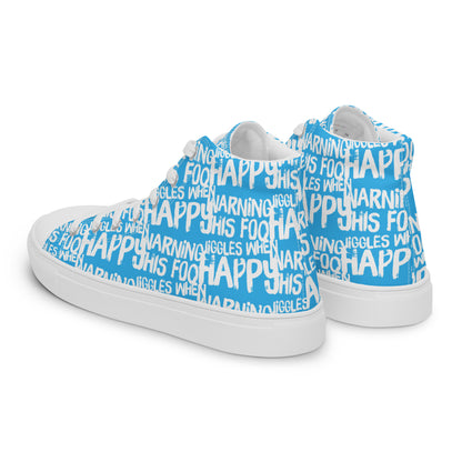 Mens sneakers side rear view HappyStuff blue high tops with playful white print Warning This Foot Jiggles When Happy