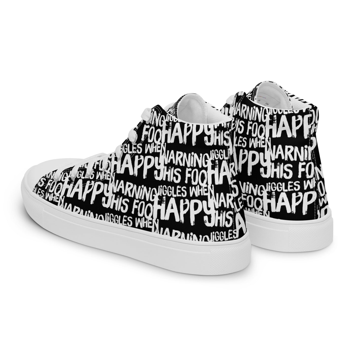 Mens sneakers side rear view HappyStuff black high tops with playful white print Warning This Foot Jiggles When Happy