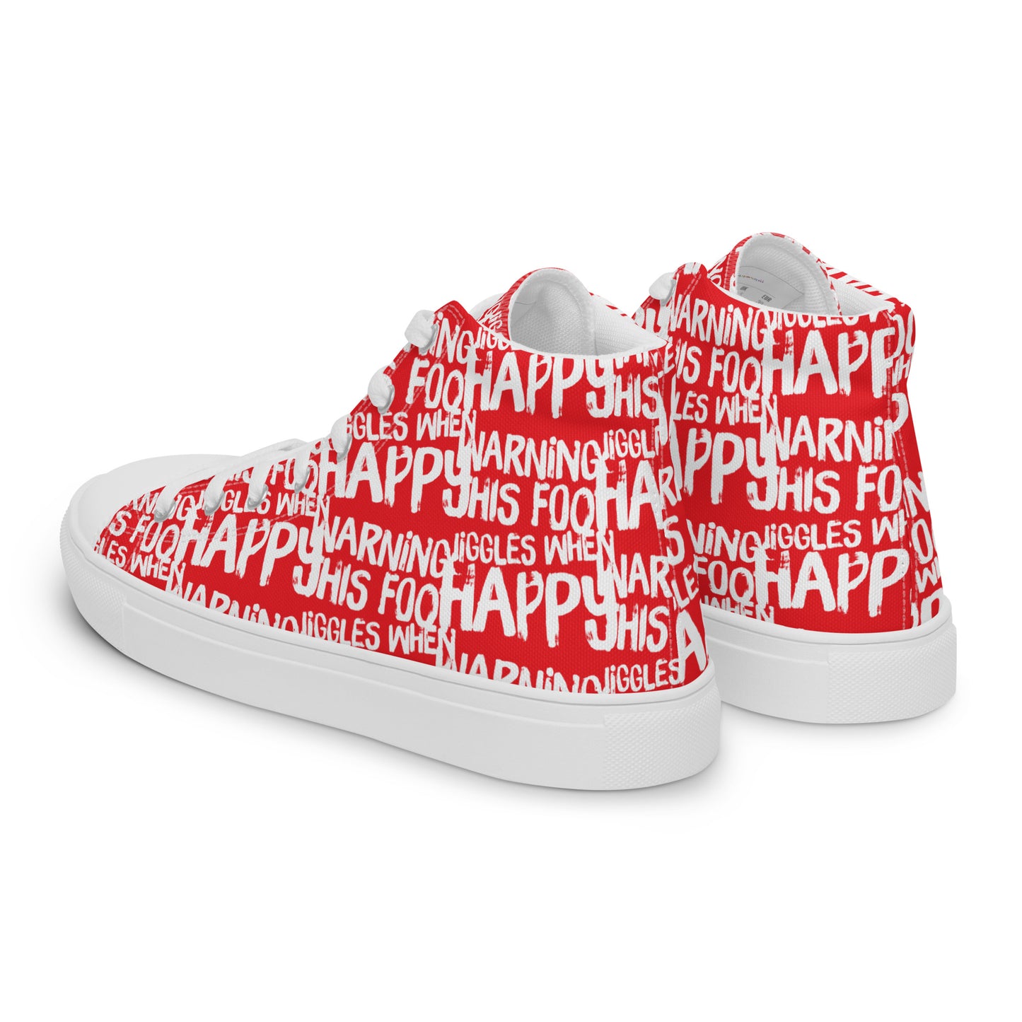 Mens sneakers side rear view HappyStuff red high tops with playful white print Warning This Foot Jiggles When Happy