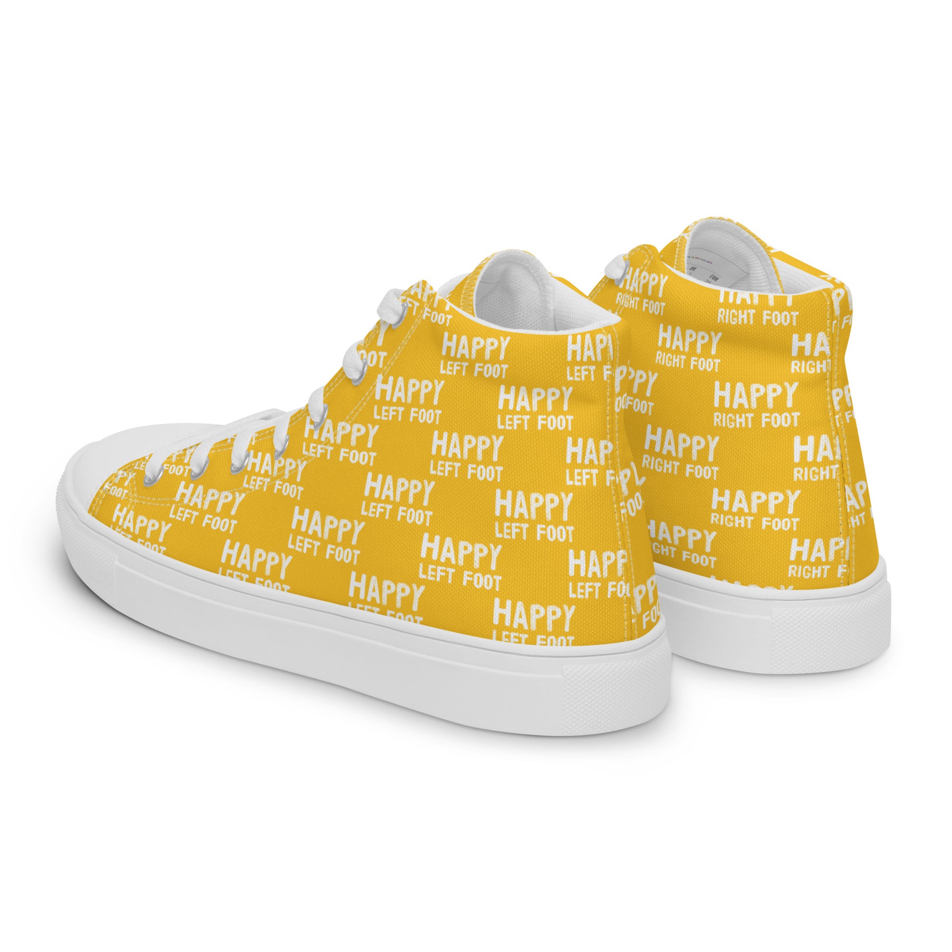 Mens sneakers side rear view HappyStuff yellow high tops Happy Left Foot Happy Right Foot Pattern Print each on relevant shoe