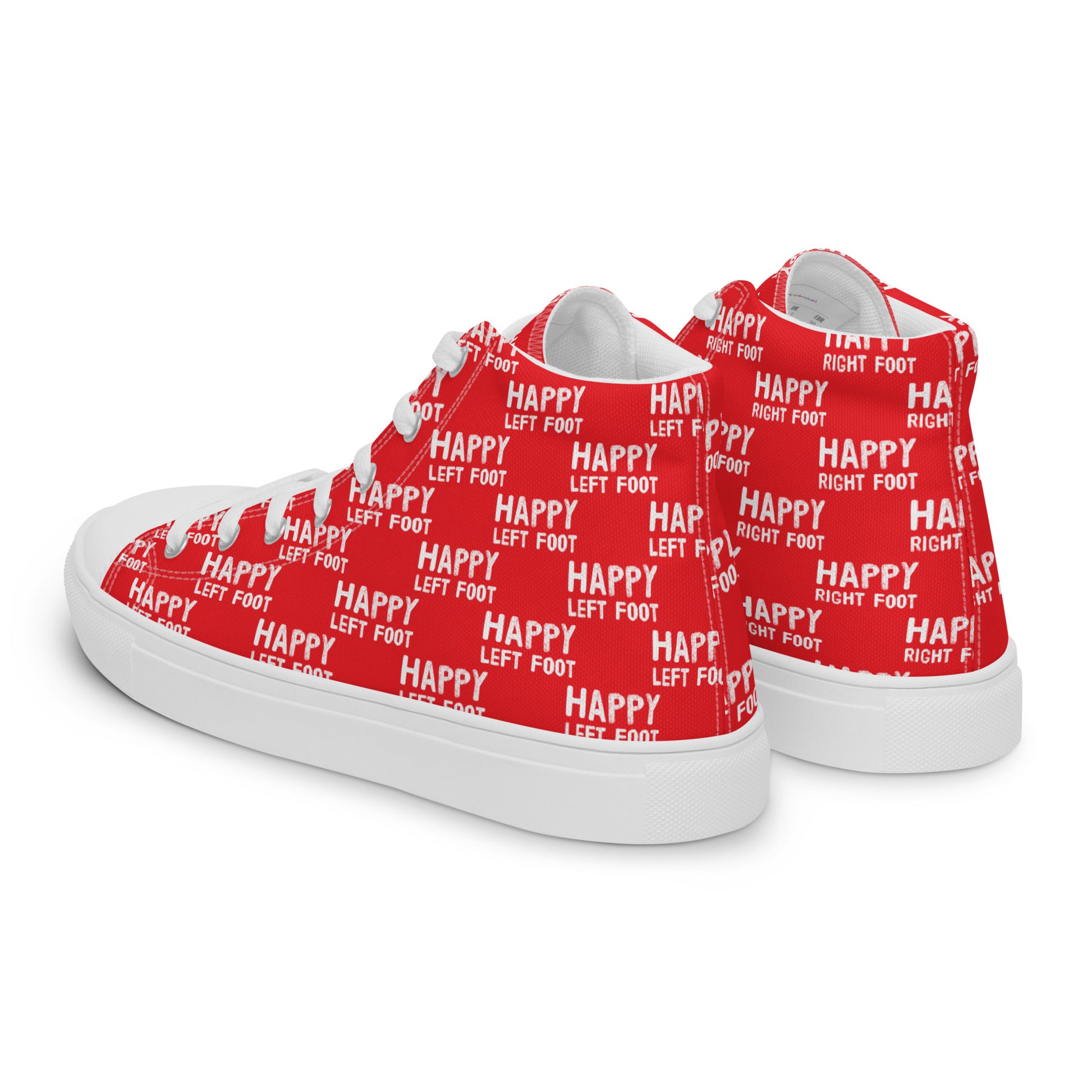 Mens sneakers side rear view HappyStuff red high tops Happy Left Foot Happy Right Foot Pattern Print each on relevant shoe