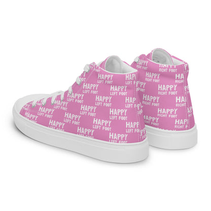 Mens sneakers side rear view HappyStuff pink high tops Happy Left Foot Happy Right Foot Pattern Print each on relevant shoe