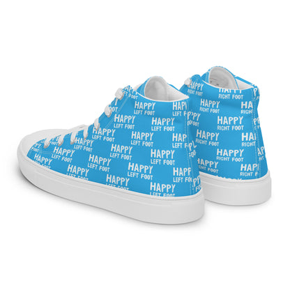 Mens sneakers side rear view HappyStuff blue high tops Happy Left Foot Happy Right Foot Pattern Print each on relevant shoe