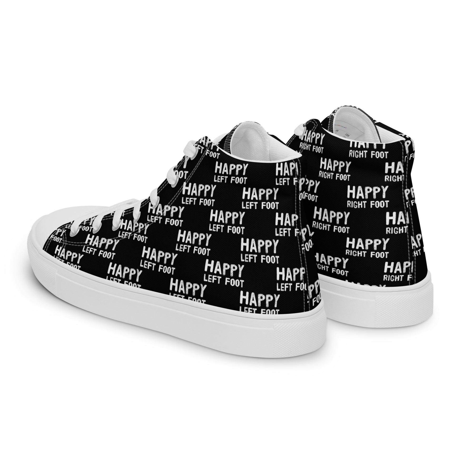 Mens sneakers side rear view HappyStuff black high tops Happy Left Foot Happy Right Foot Pattern Print each on relevant shoe