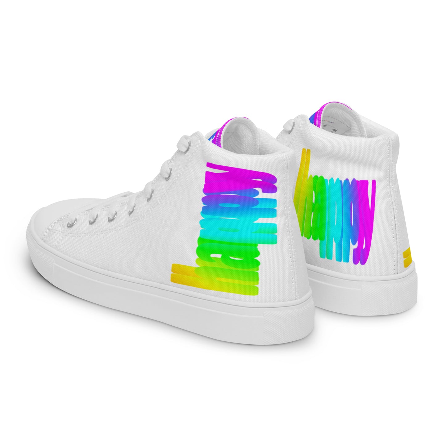 Mens sneakers side rear view HappyStuff white high tops rainbow shoes Happy Rainbow Painted bright colour spectrum print