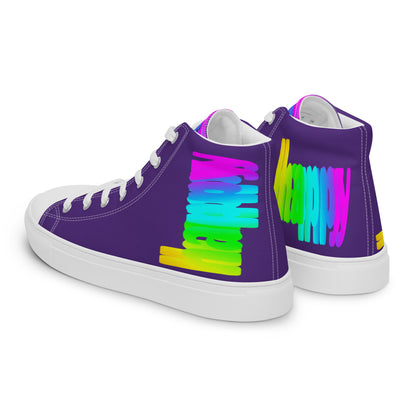 Mens sneakers side rear view HappyStuff purple high tops rainbow shoes Happy Rainbow Painted bright colour spectrum print