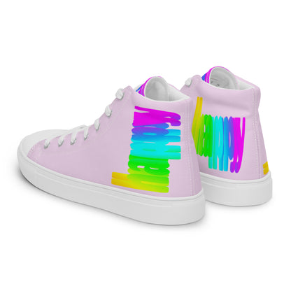 Mens sneakers side rear view HappyStuff pink high tops rainbow shoes Happy Rainbow Painted bright colour spectrum print