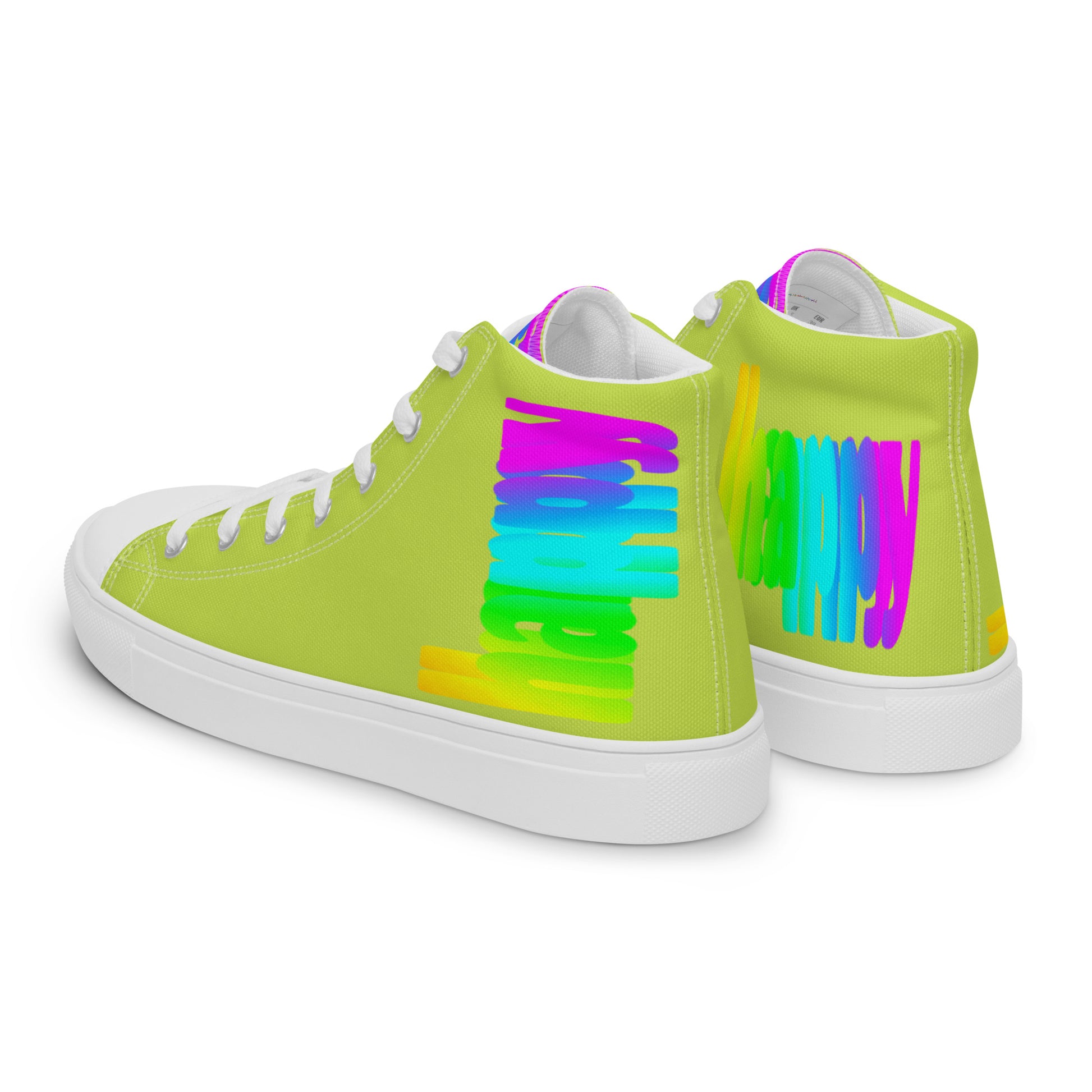 Mens sneakers side rear view HappyStuff green high tops rainbow shoes Happy Rainbow Painted bright colour spectrum print