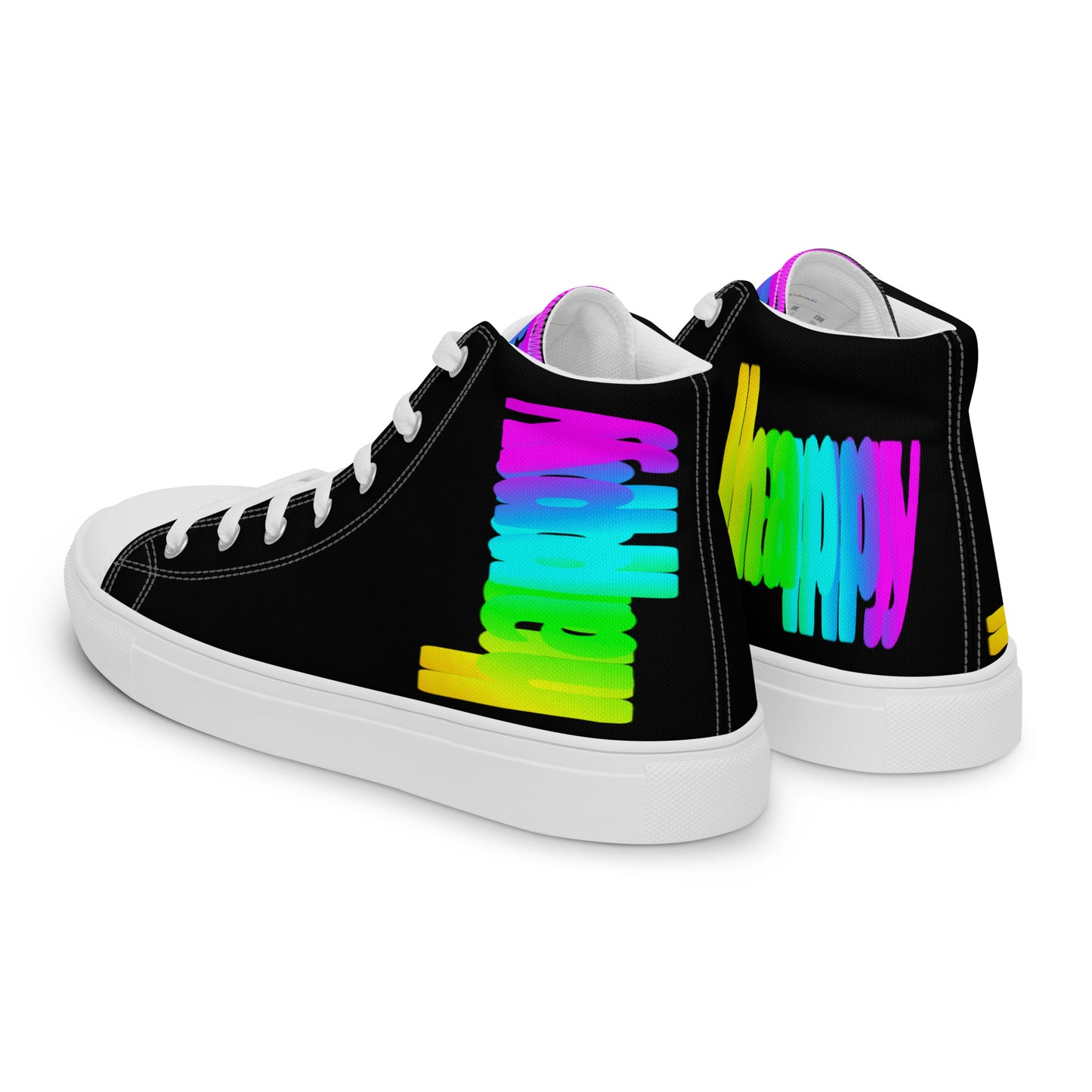 Mens sneakers side rear view HappyStuff black high tops rainbow shoes Happy Rainbow Painted bright colour spectrum print