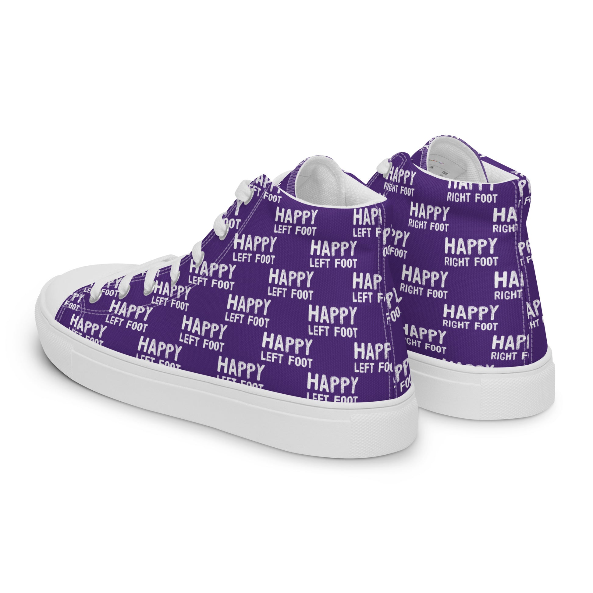 Mens sneakers side rear view HappyStuff purple high tops Happy Left Foot Happy Right Foot Pattern Print each on relevant shoe