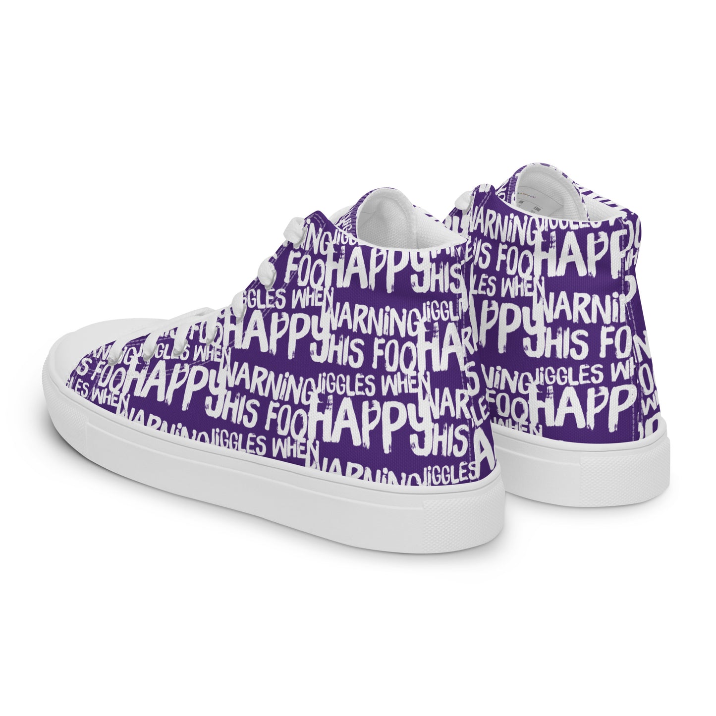 Mens sneakers side rear view HappyStuff purple high tops with playful white print Warning This Foot Jiggles When Happy