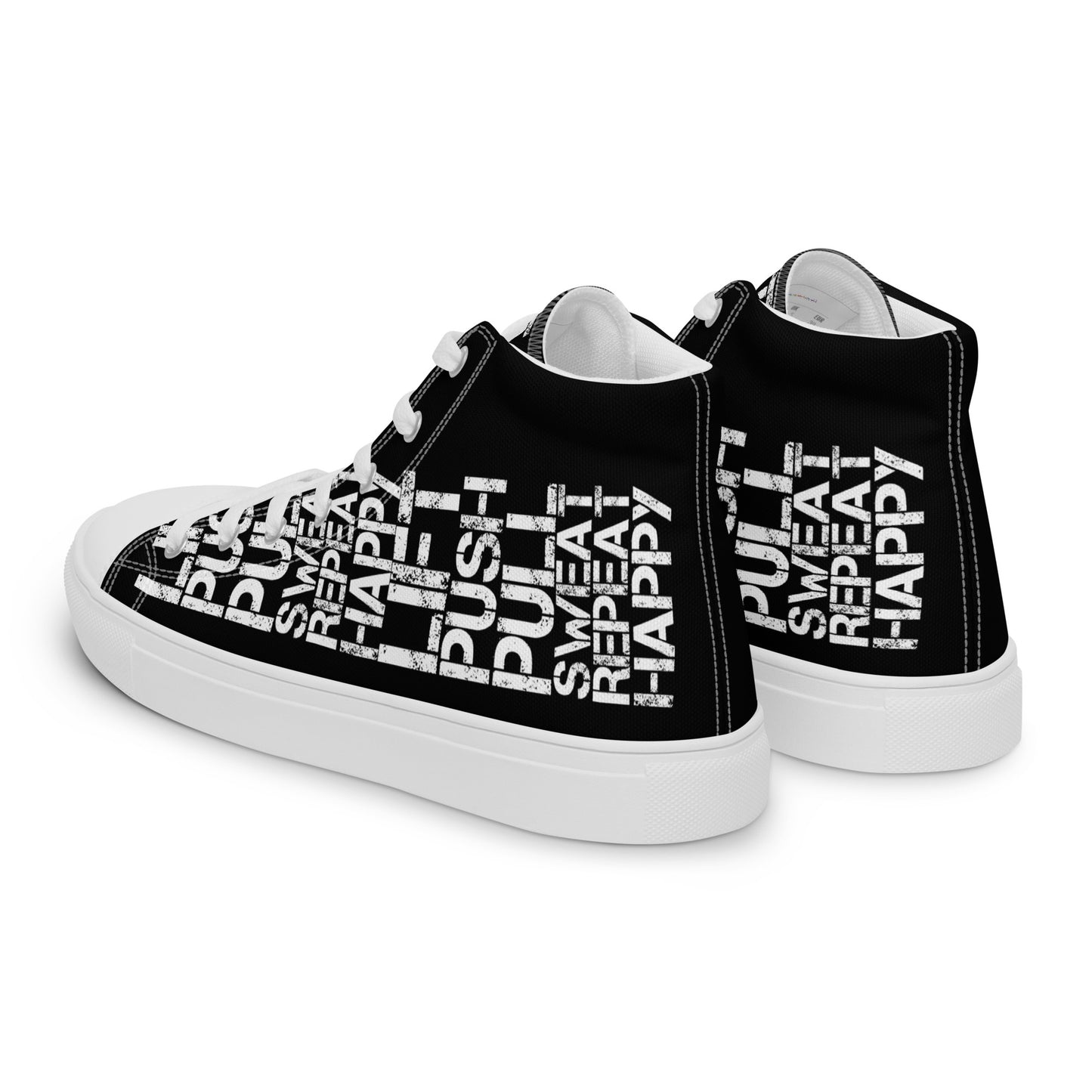 Mens sneakers side rear view HappyStuff black high tops lift push pull sweat repeat happy distress print gym shoe