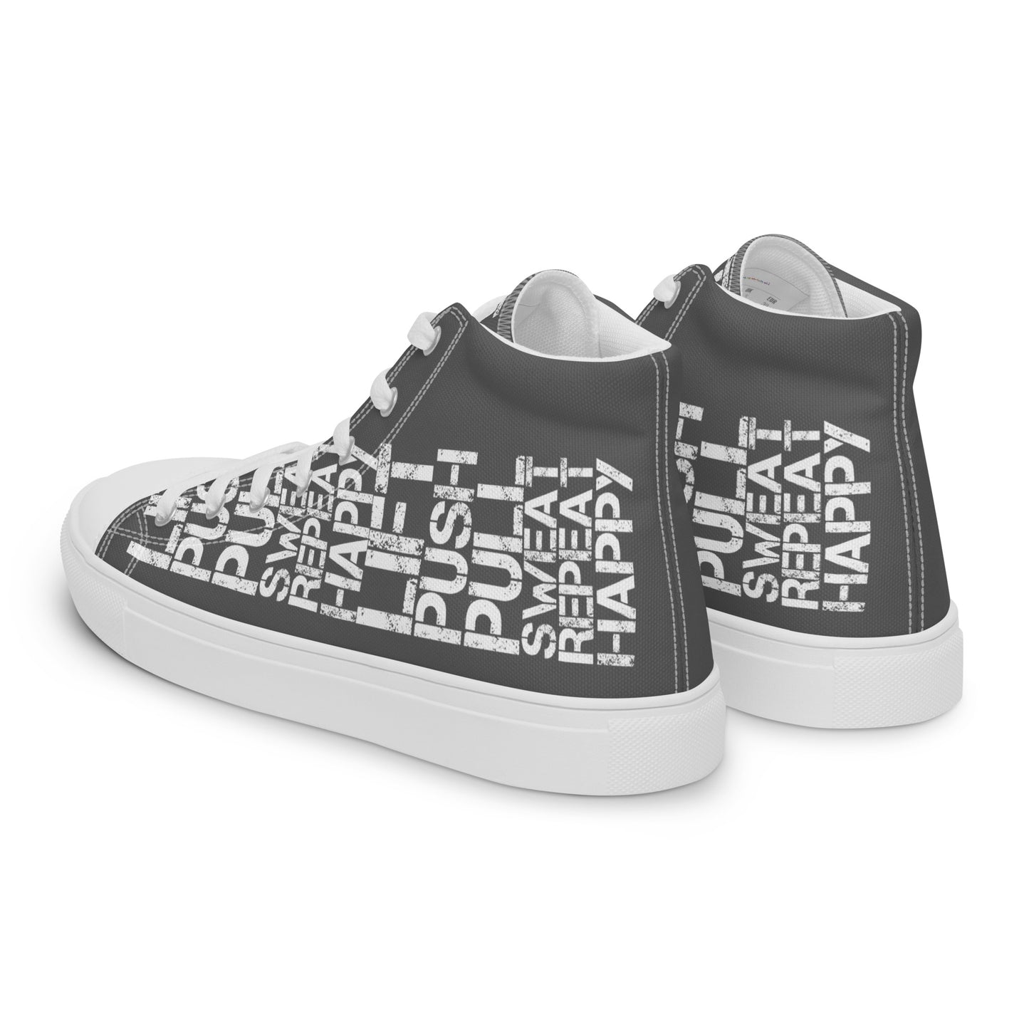 Mens sneakers side rear view HappyStuff slate grey high tops lift push pull sweat repeat happy distress print gym shoe