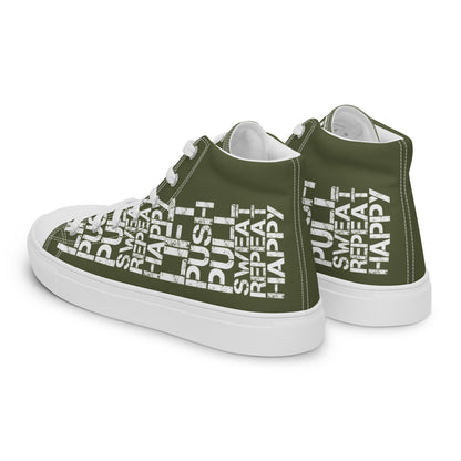 Mens sneakers side rear view HappyStuff khaki green high tops lift push pull sweat repeat happy distress print gym shoe