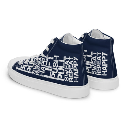 Mens sneakers side rear view HappyStuff navy blue high tops lift push pull sweat repeat happy distress print gym shoe