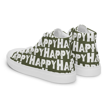 Mens Sneakers side rear view khaki green and white Happy Sponge Print High Tops HappyStuff brand