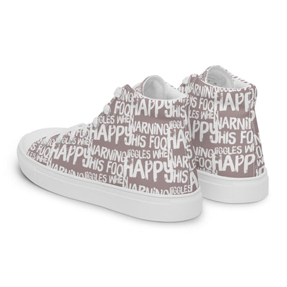 Mens sneakers side rear view HappyStuff taupe high tops with playful white print Warning This Foot Jiggles When Happy