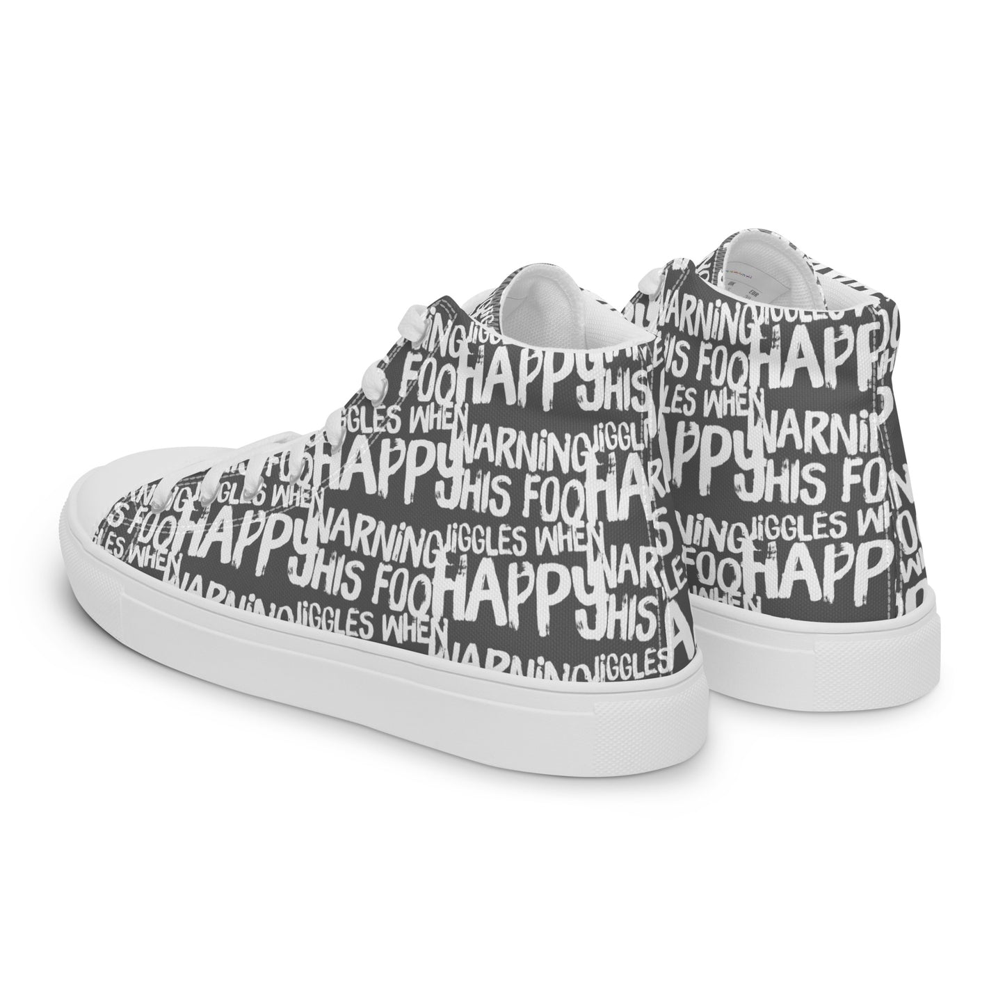 Mens sneakers side rear view HappyStuff slate grey high tops with playful white print Warning This Foot Jiggles When Happy