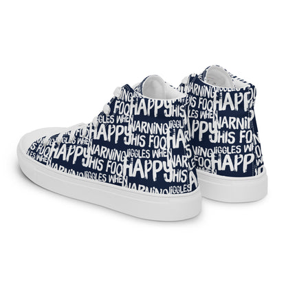 Mens sneakers side rear view HappyStuff navy blue high tops with playful white print Warning This Foot Jiggles When Happy