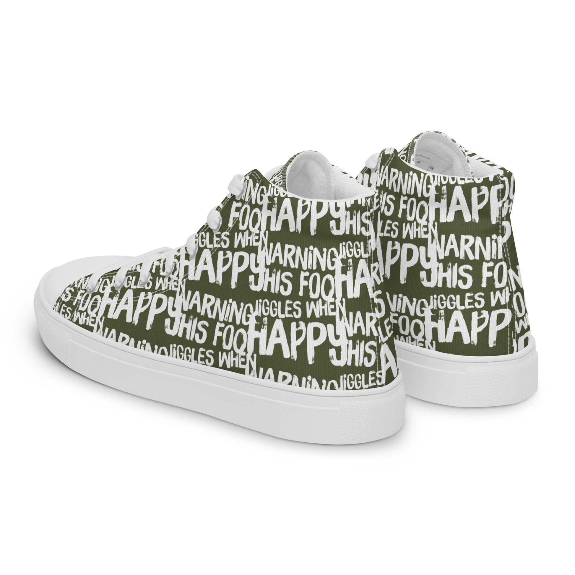 Mens sneakers side rear view HappyStuff khaki green high tops with playful white print Warning This Foot Jiggles When Happy