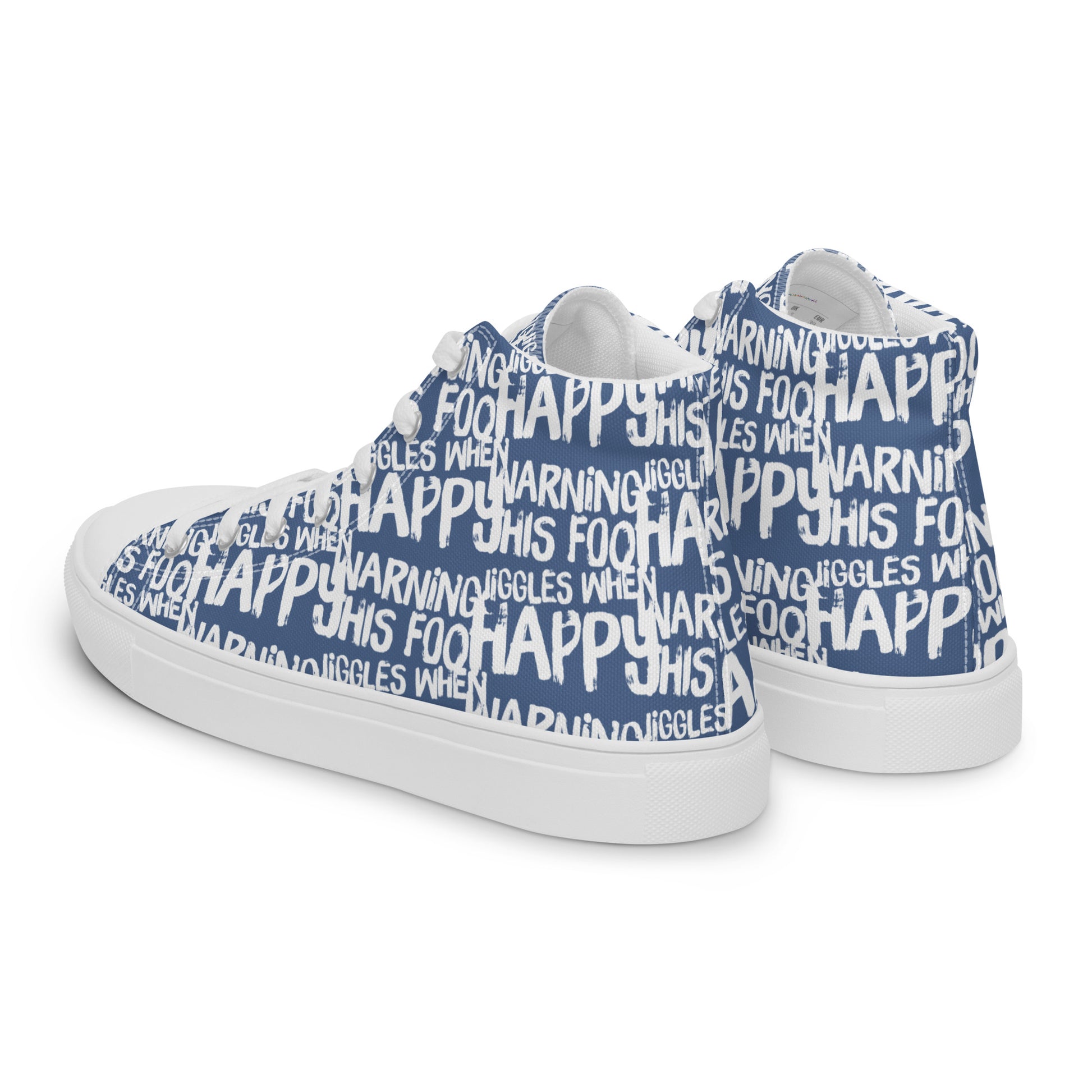 Mens sneakers side rear view HappyStuff denim blue high tops with playful white print Warning This Foot Jiggles When Happy