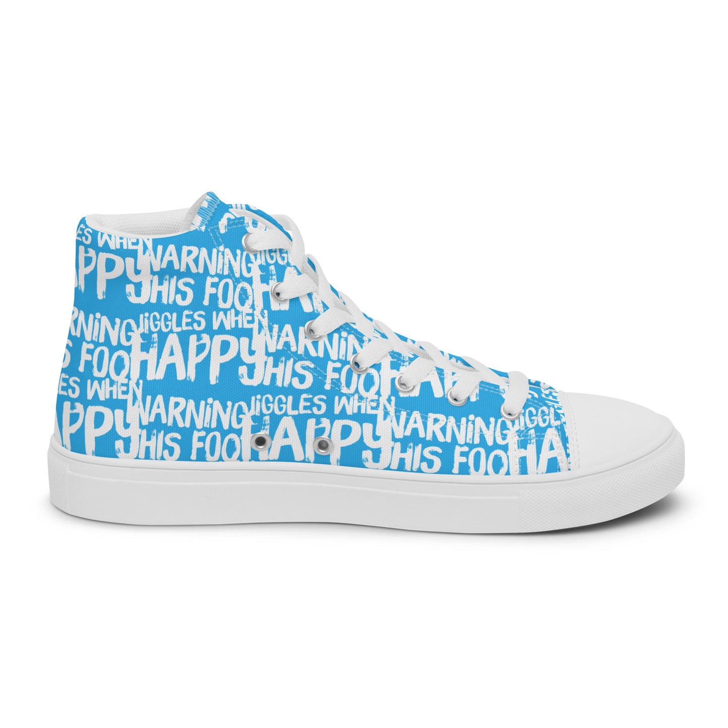 Left shoe inside view HappyStuff mens blue high top sneakers with playful white print Warning This Foot Jiggles When Happy