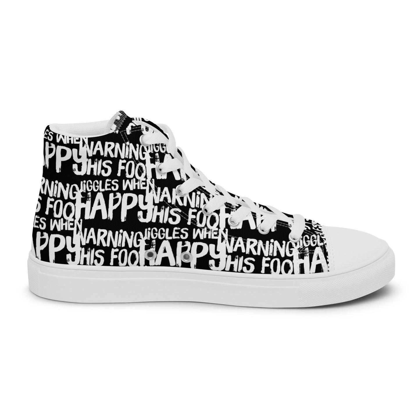 Left shoe inside view HappyStuff mens black high top sneakers with playful white print Warning This Foot Jiggles When Happy