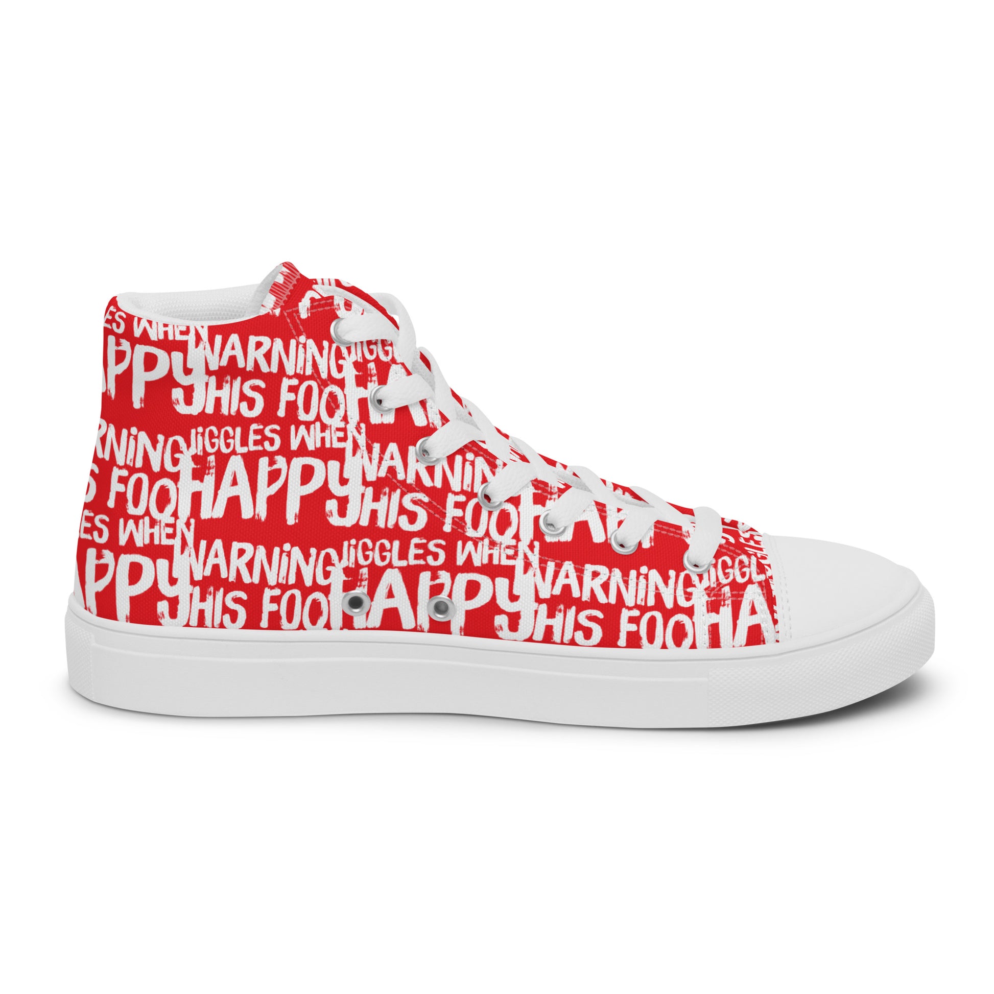 Left shoe inside view HappyStuff mens red high top sneakers with playful white print Warning This Foot Jiggles When Happy