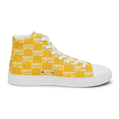 Left shoe inside view HappyStuff mens yellow high top sneakers with white playful pattern print of Happy Left Foot