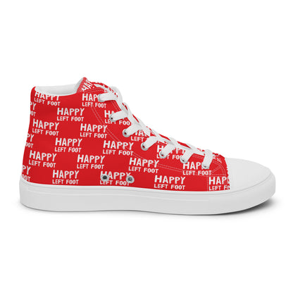 Left shoe inside view HappyStuff mens red high top sneakers with white playful pattern print of Happy Left Foot